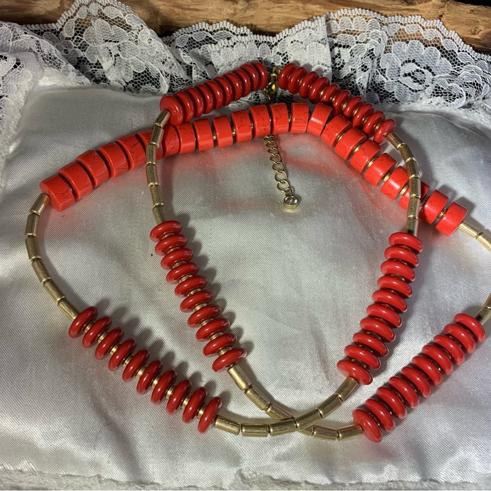 Striking Red and Gold Necklace with Coral Beads